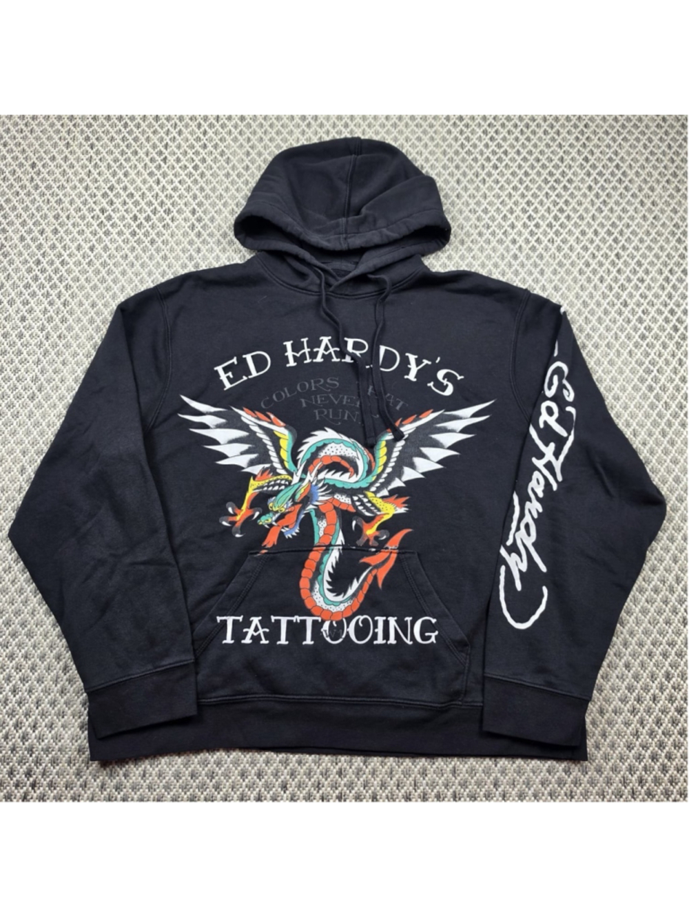 Ed Hardy’s Tattooing Dragon Hoodie Mens XL Black Graphic Pullover Y2K Sweatshirt